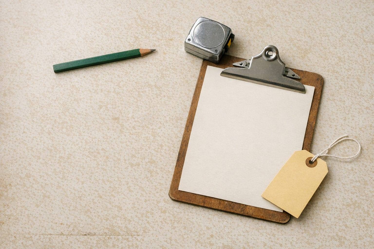 A flat pencil, a closed tape measure, a blank work order on a clipboard and a blank yellow price tag on a speckled cream counter