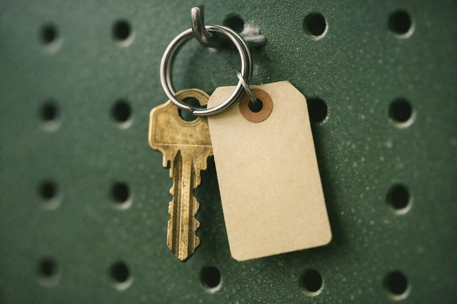 A brass key on a ring hanging from a hook on a green pegboard, with a blank yellow tag