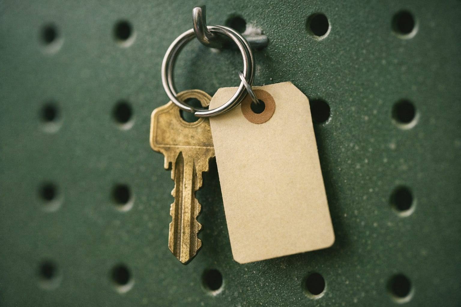 A brass key on a steel ring hanging from a hook on a green pegboard, with a blank yellow tag tied to the ring