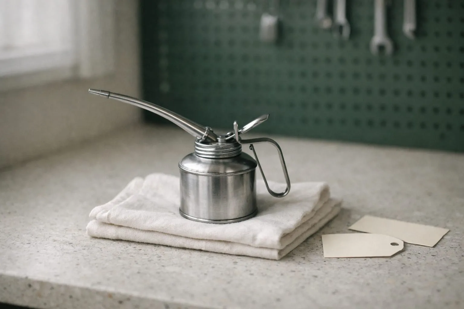A small steel oil can with a long spout on a folded rag, in front of a green pegboard