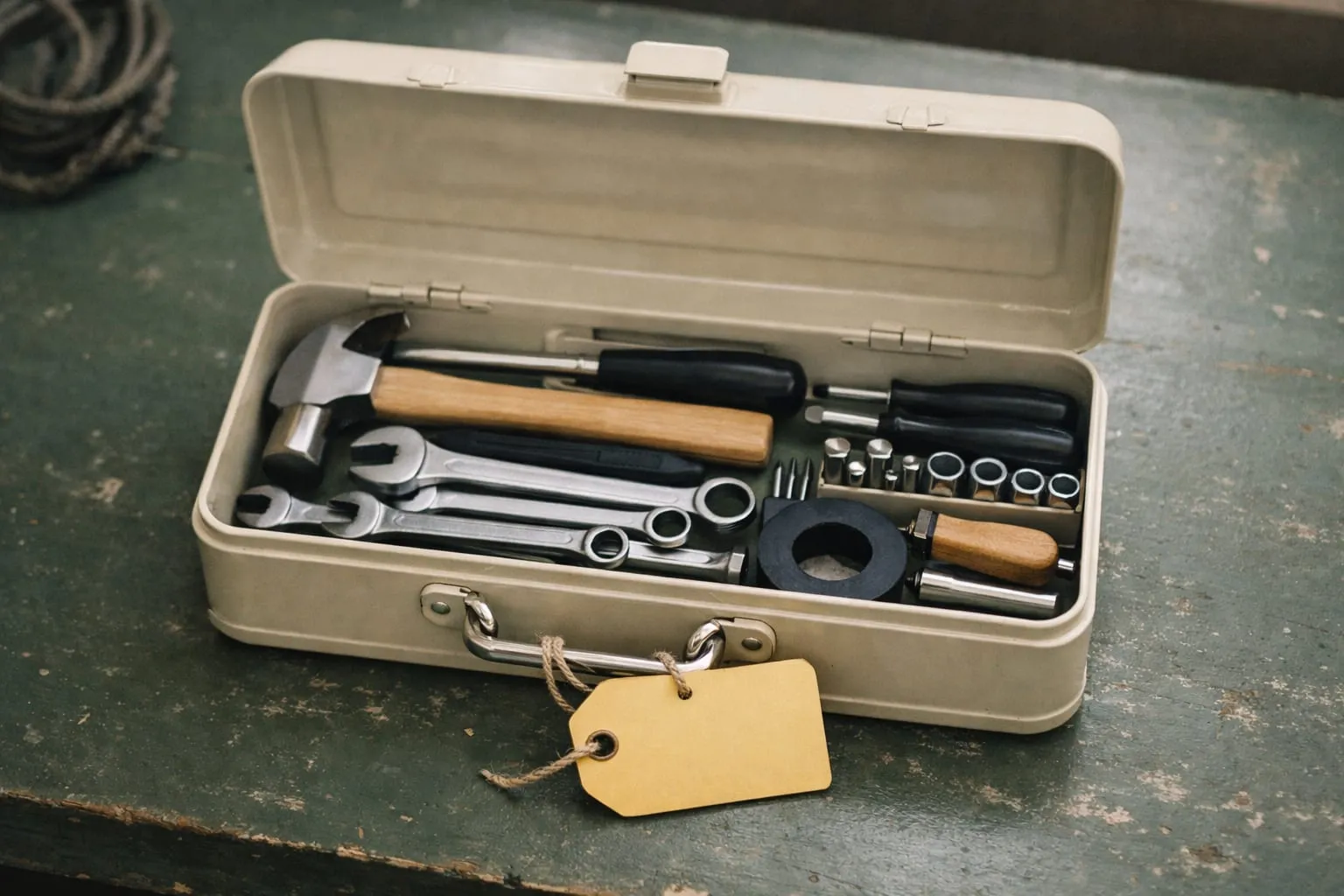 An open cream metal toolbox on a green workbench with tools nested inside and a blank yellow tag on the handle